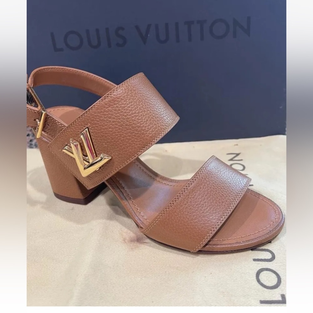 LOUIS VUITTON Tan Leather Horizon Slingback Sandals Heels Size 35